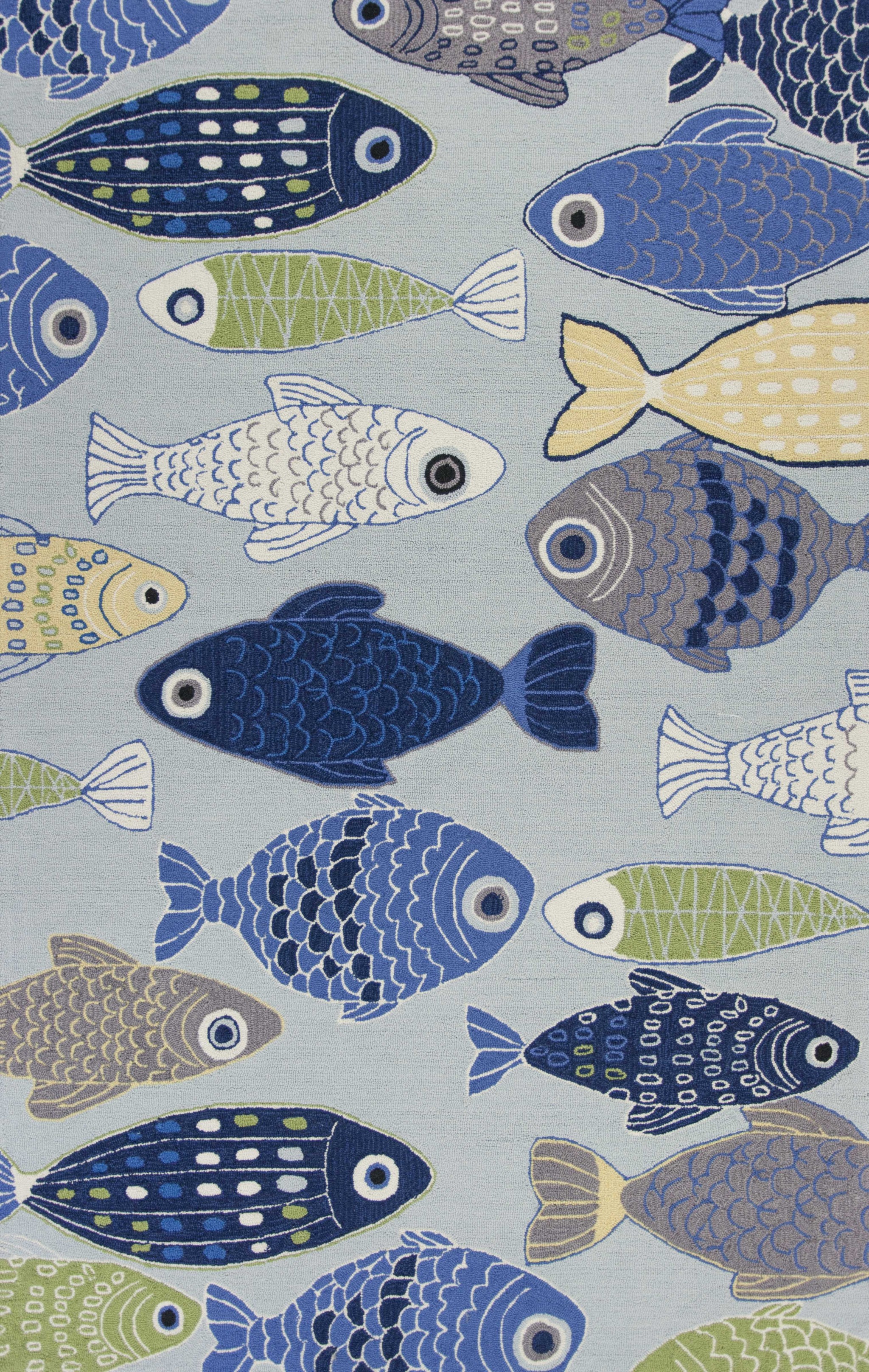 2'X3' Light Blue Hand Hooked Oversized Sea Of Fish Indoor Accent Rug-353208-1
