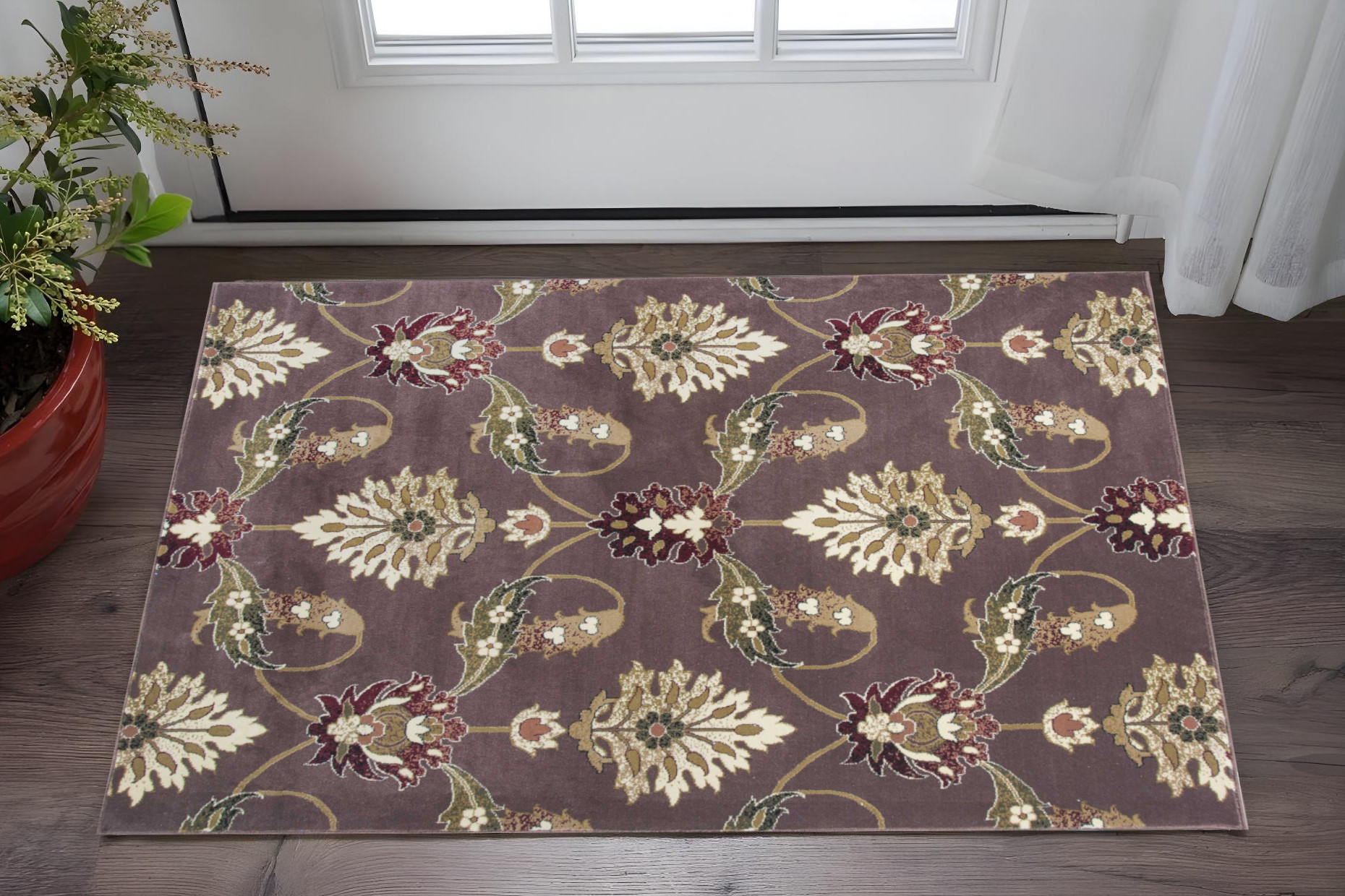 2' X 3' Plum And White Floral Area Rug-353254-1
