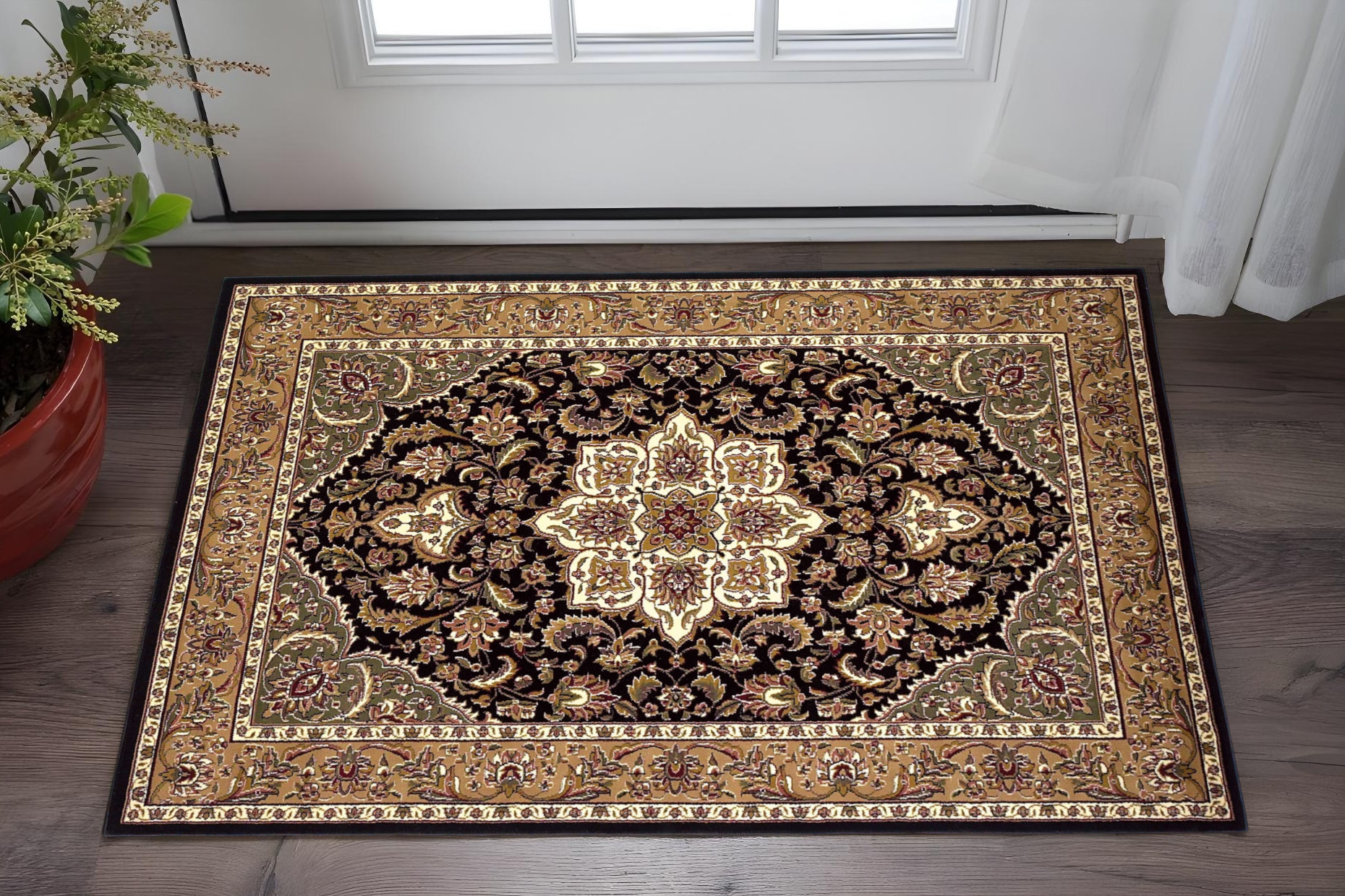 2' X 3' Black And Beige Floral Medallion Area Rug-353267-1