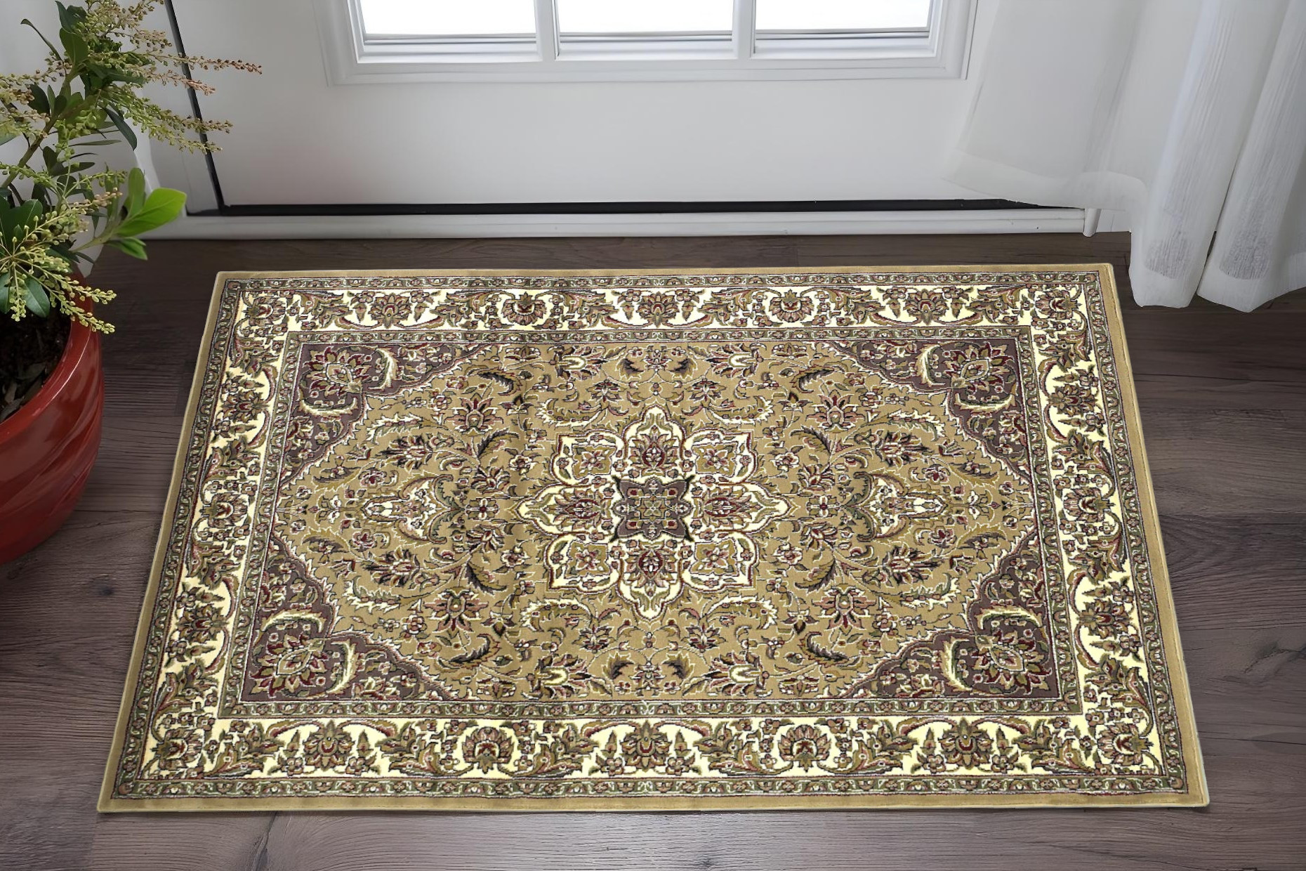 2' X 3' Beige And Ivory Floral Medallion Area Rug-353268-1