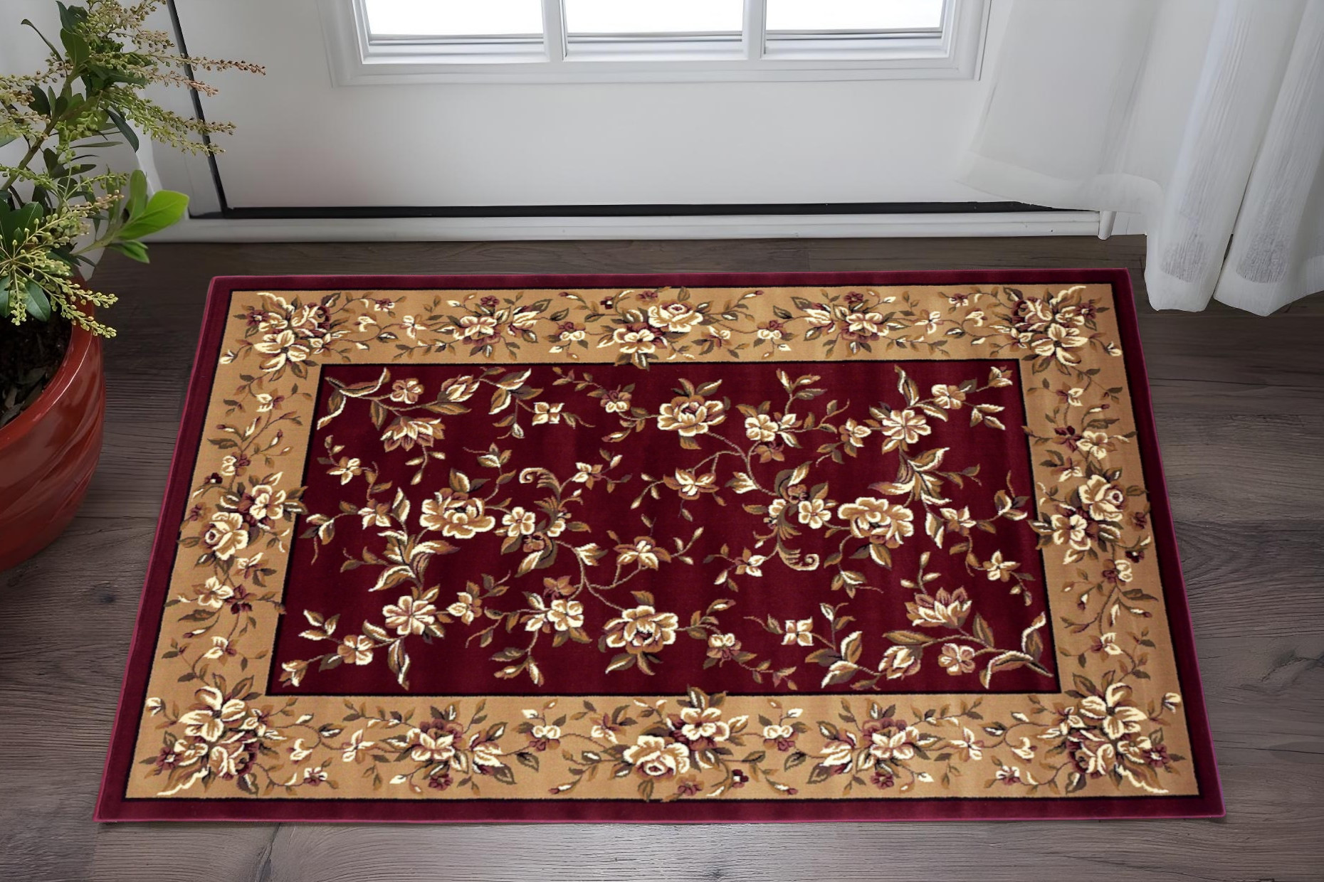 2' X 3' Red And Beige Floral Area Rug-353272-1