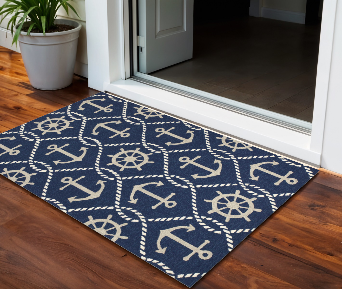2' X 3' Navy Blue Gold And White Nautical Handmade Indoor Outdoor Area Rug-353302-1