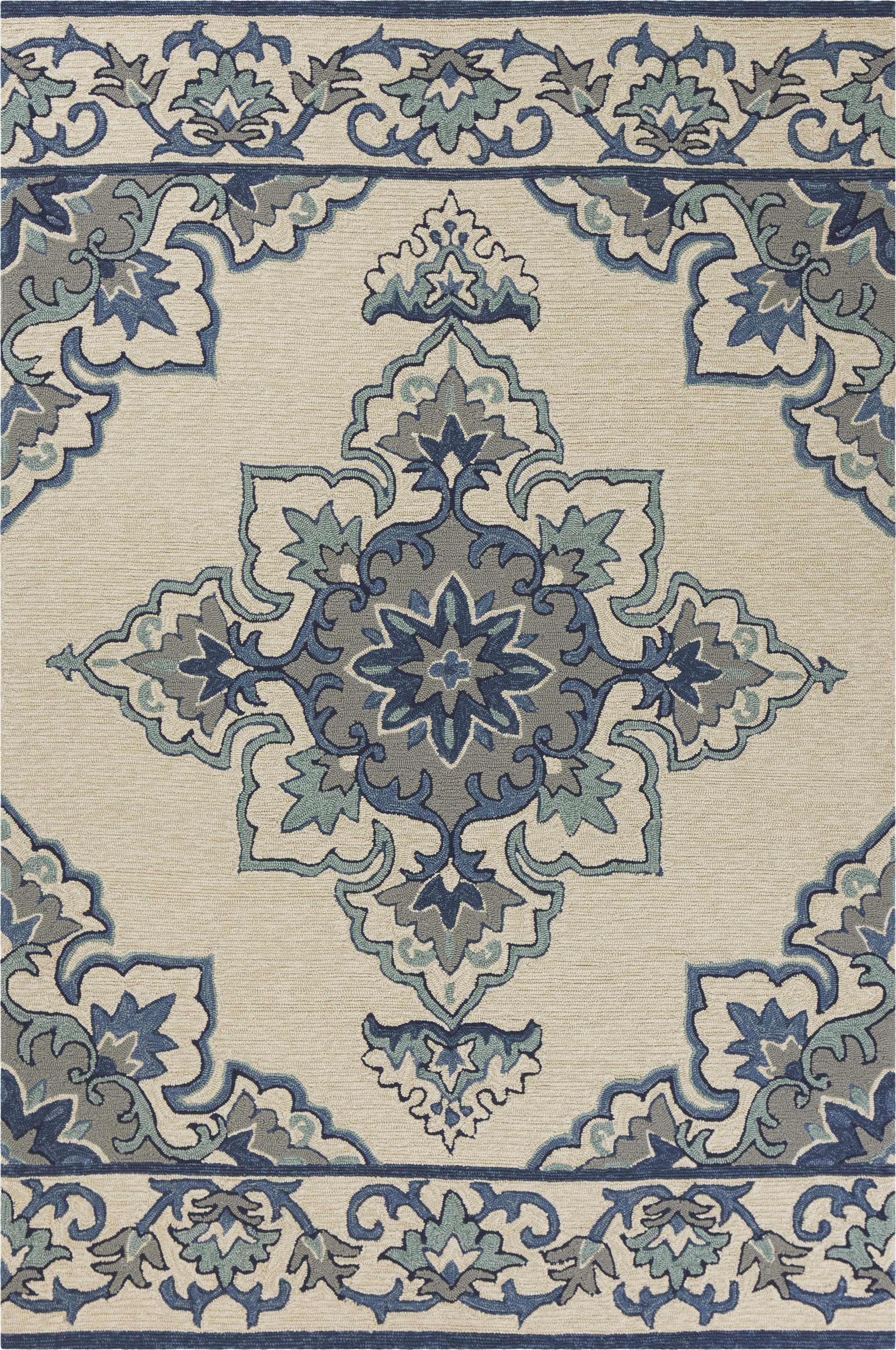 2'X3' Ivory Blue Hand Hooked Floral Medallion Indoor Outdoor Accent Rug-353307-1
