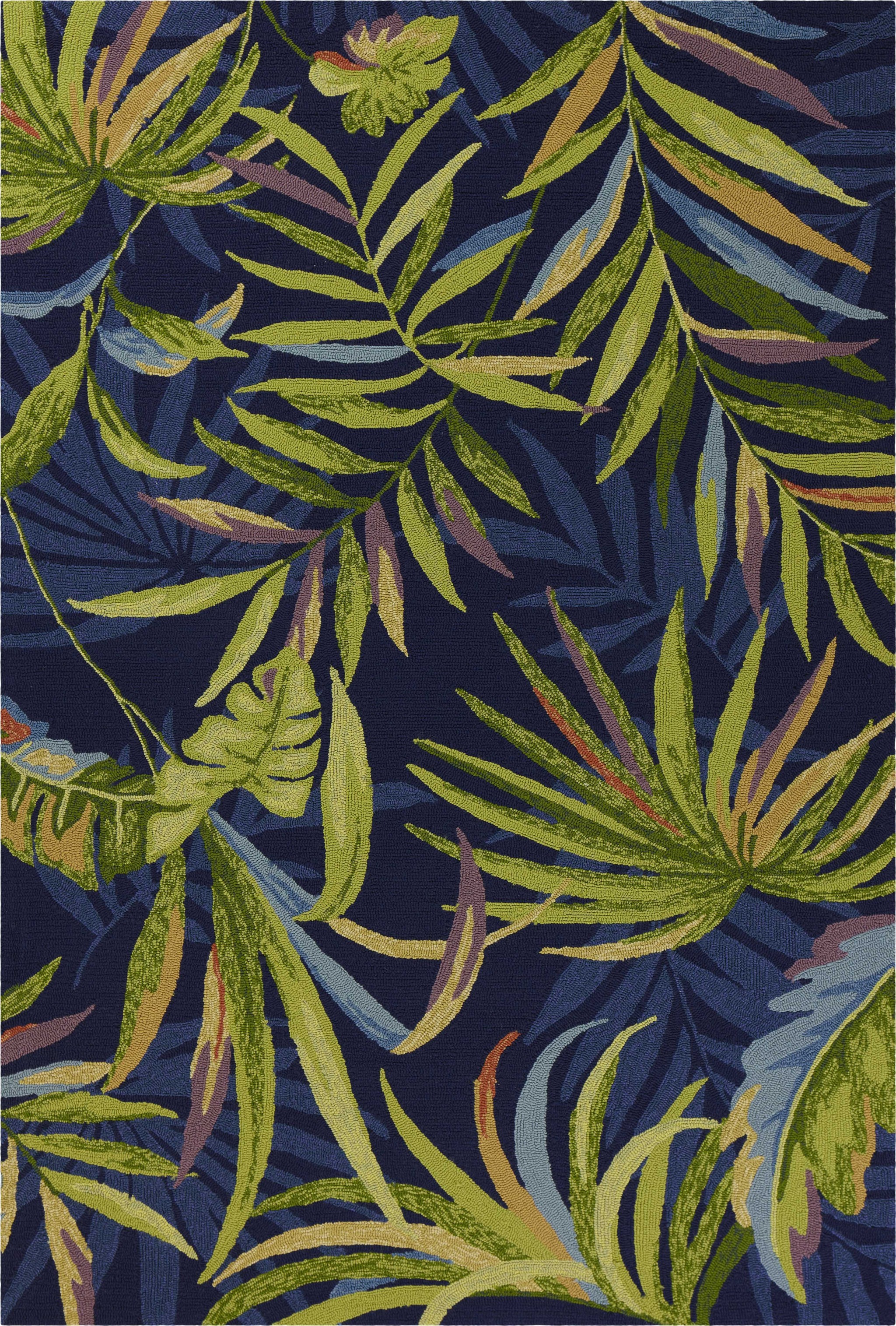 2'X3' Ink Blue Hand Hooked Uv Treated Oversized Tropical Leaves Indoor Outdoor Accent Rug-353310-1