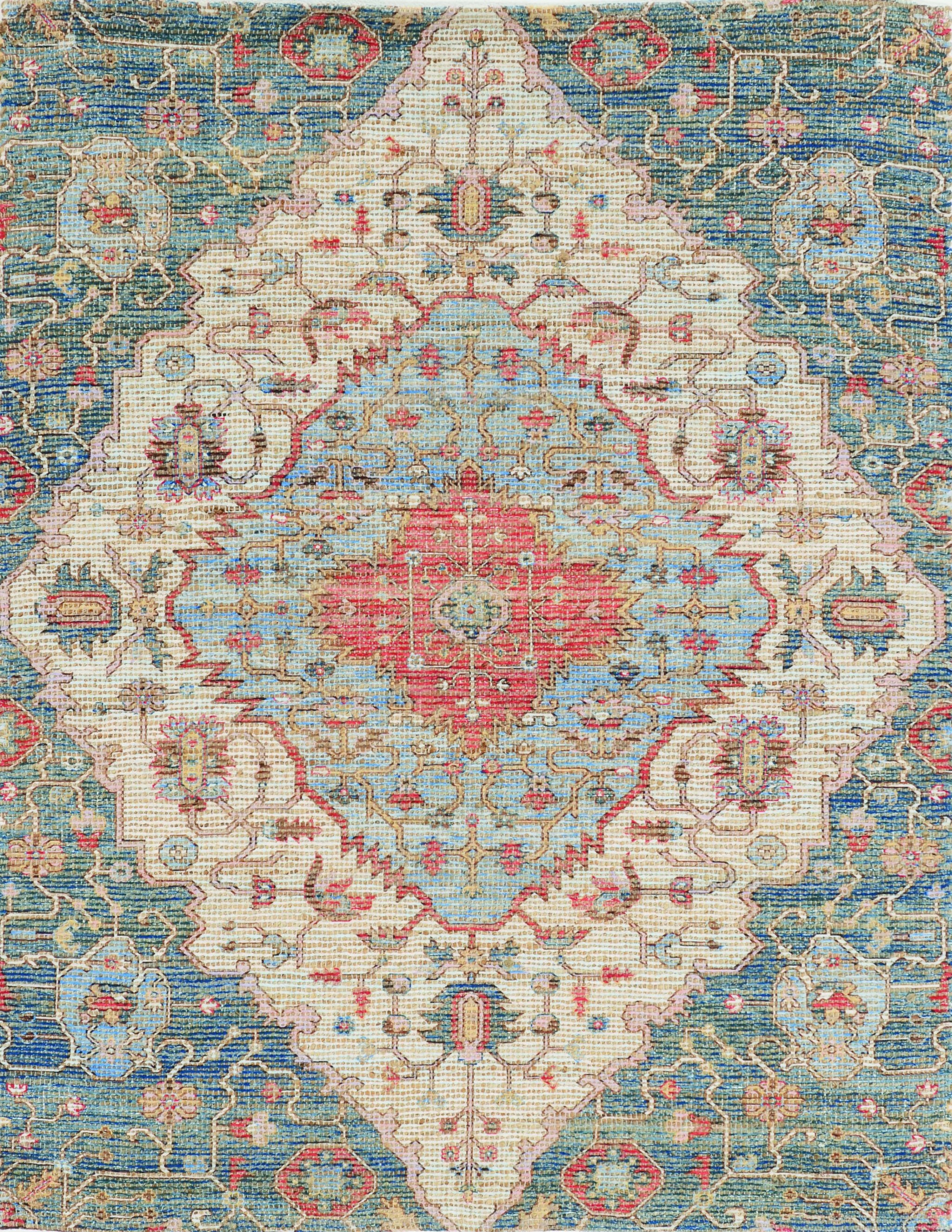 2" X 4" Blue and Beige Medallion Hand Woven Distressed Area Rug