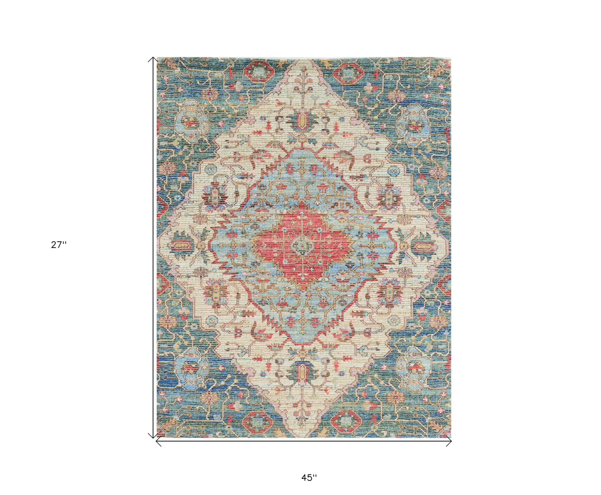 2" X 4" Blue and Beige Medallion Hand Woven Distressed Area Rug