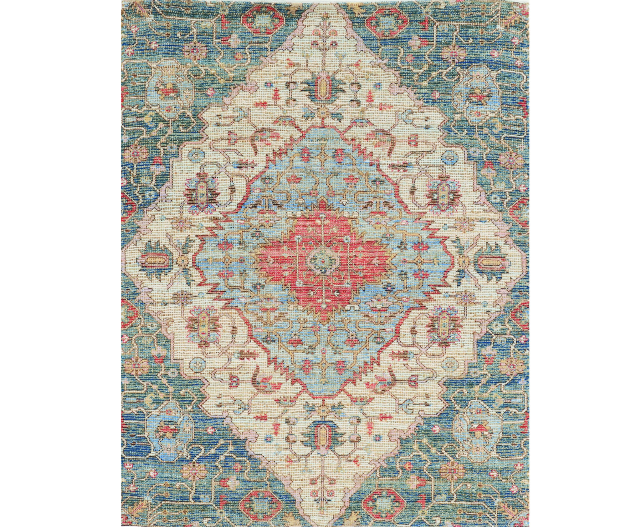 2" X 4" Blue and Beige Medallion Hand Woven Distressed Area Rug