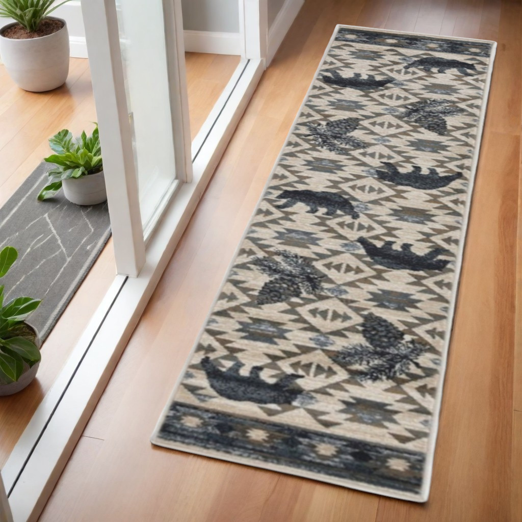 7' Ivory And Blue Abstract Runner Rug-353438-1