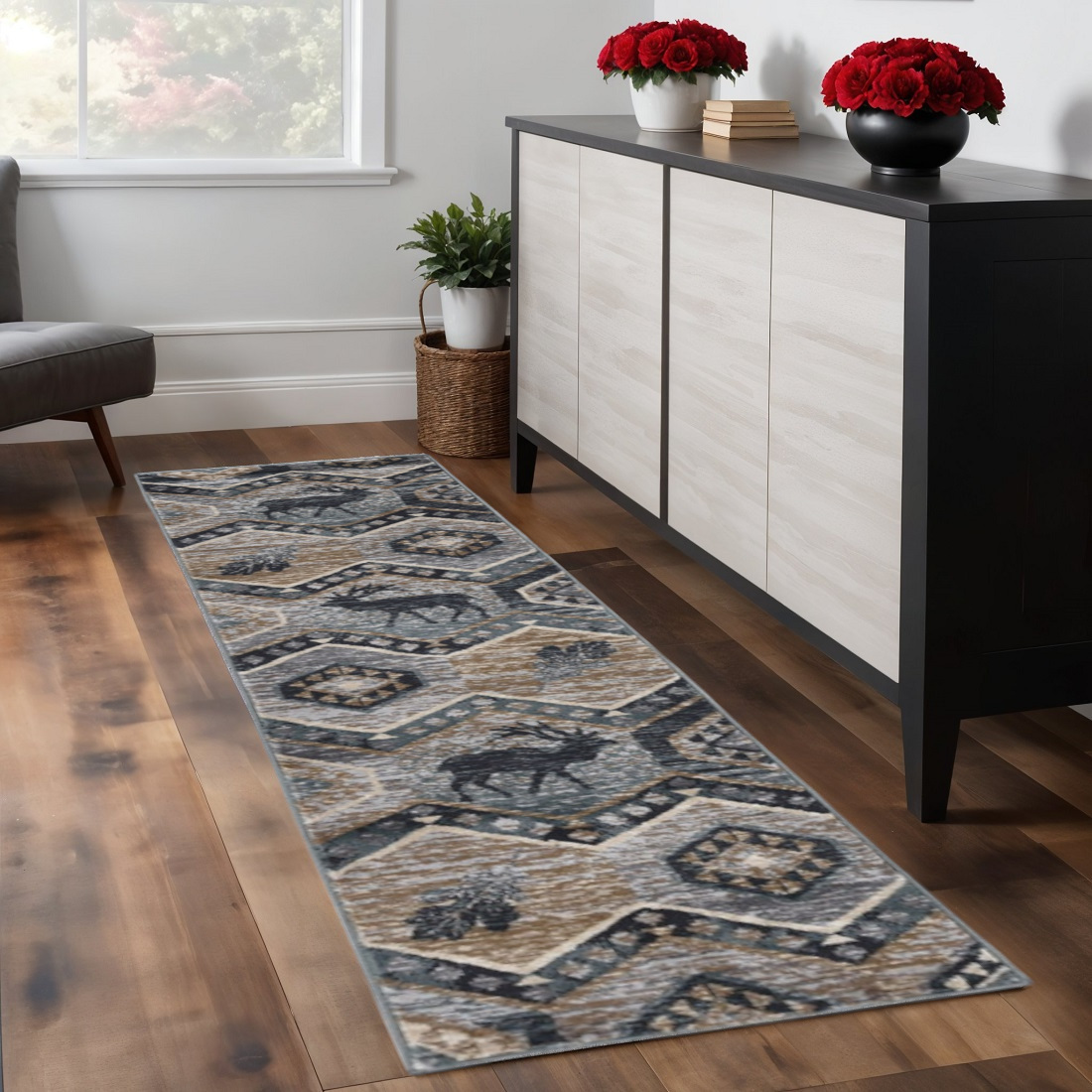 8' Blue And White Geometric Runner Rug-353441-1
