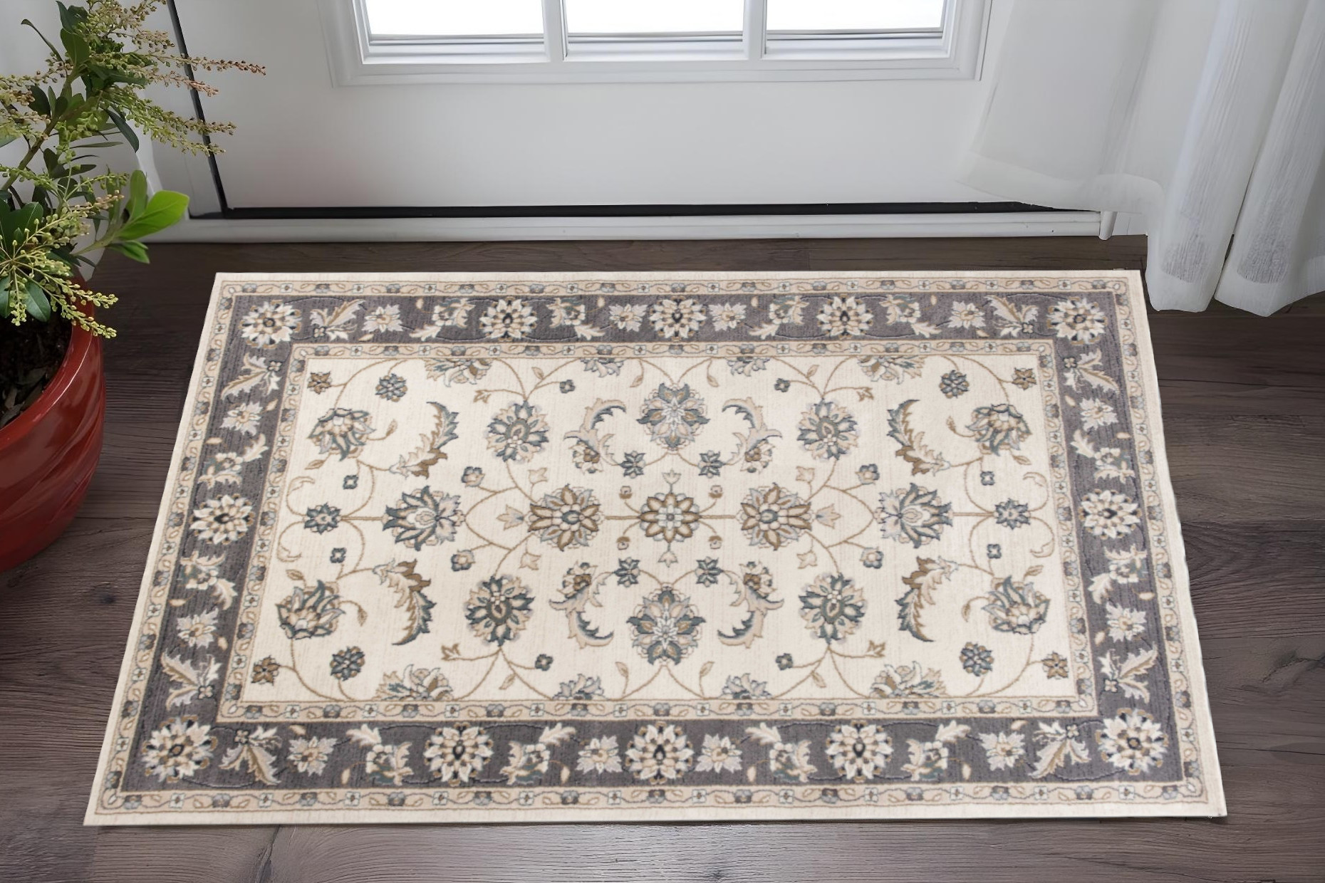 3' X 5' Gray and Ivory Floral Area Rug-353462-1