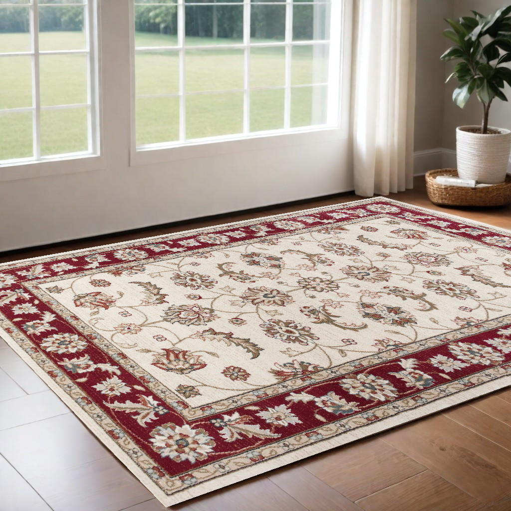 3' X 5' Ivory And Red Floral Area Rug-353463-1