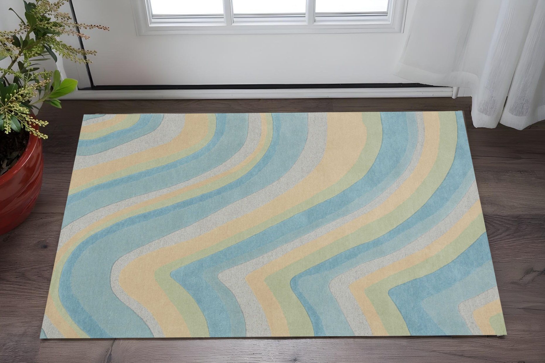 2' X 4' Blue And Beige Wool Abstract Hand Tufted Area Rug-353532-1