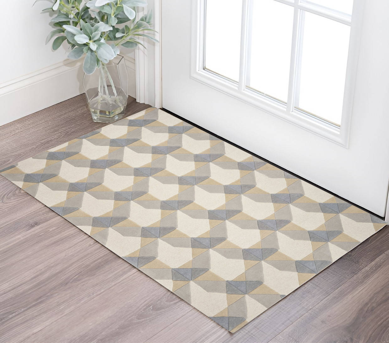 2' X 4' Ivory And Gray Wool Geometric Hand Tufted Area Rug-353533-1
