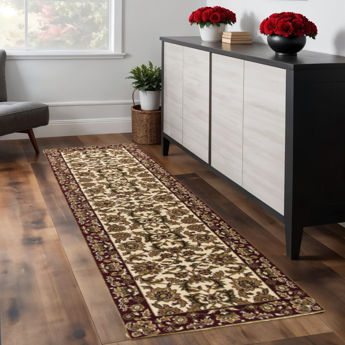 8' Ivory And Red Floral Runner Rug-353591-1