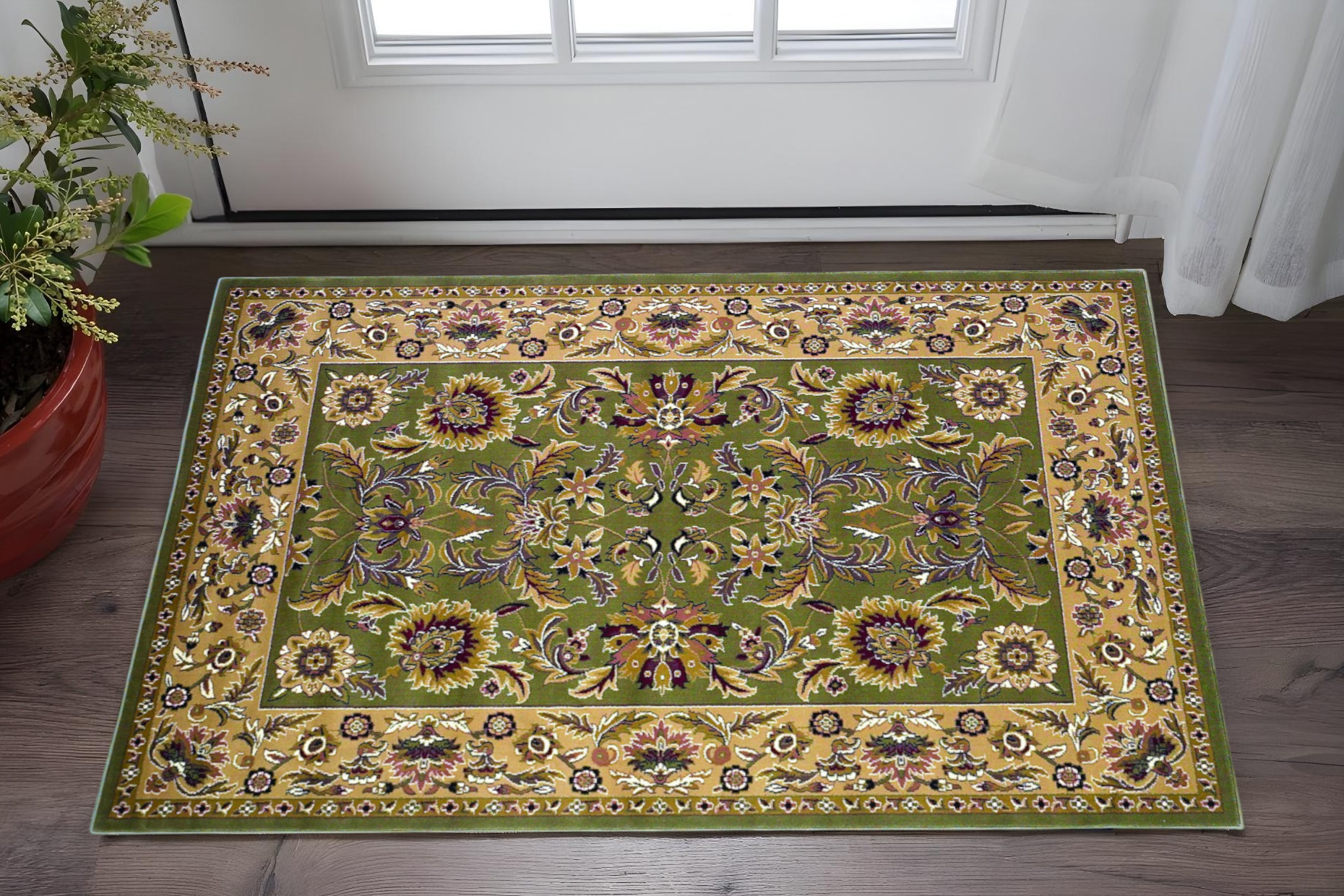 3' X 5' Green And Taupe Floral Area Rug-353594-1