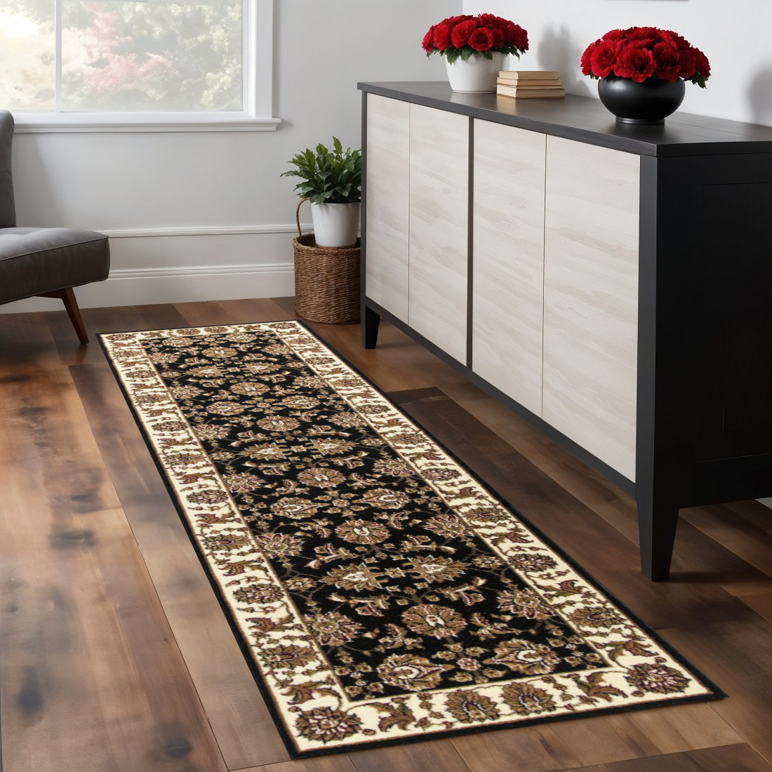 8' Black And Ivory Floral Runner Rug-353601-1