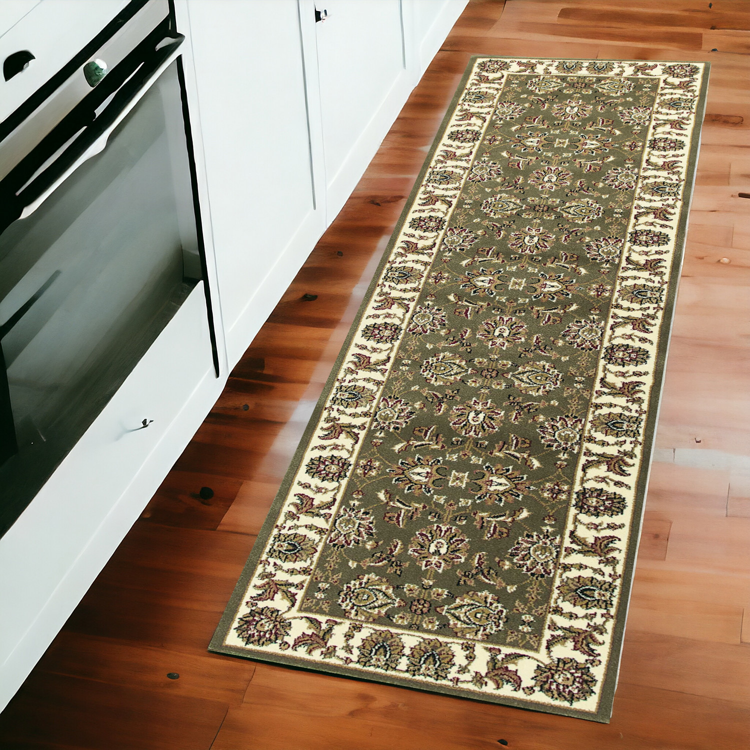 2' X 8' Green Or Ivory Traditional Runner Rug-353603-1