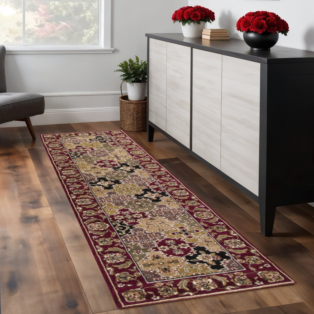 8' Red Orange And Black Floral Runner Rug-353605-1