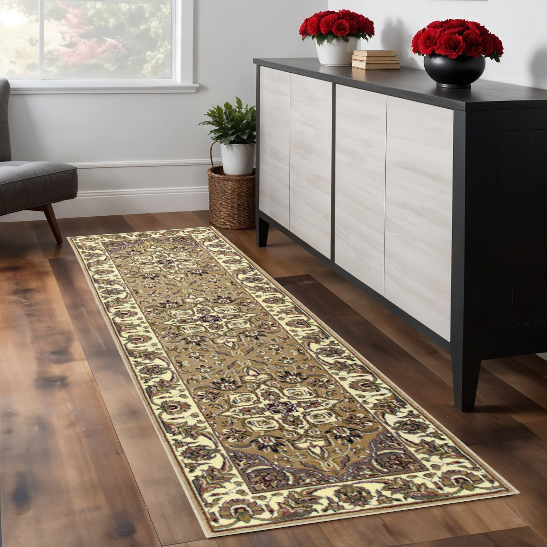 8' Beige And Ivory Floral Runner Rug-353611-1