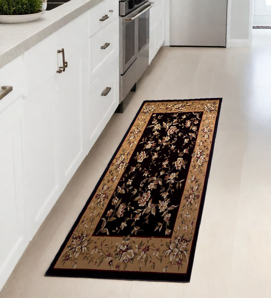 8' Beige And Black Floral Vines Runner Rug-353617-1