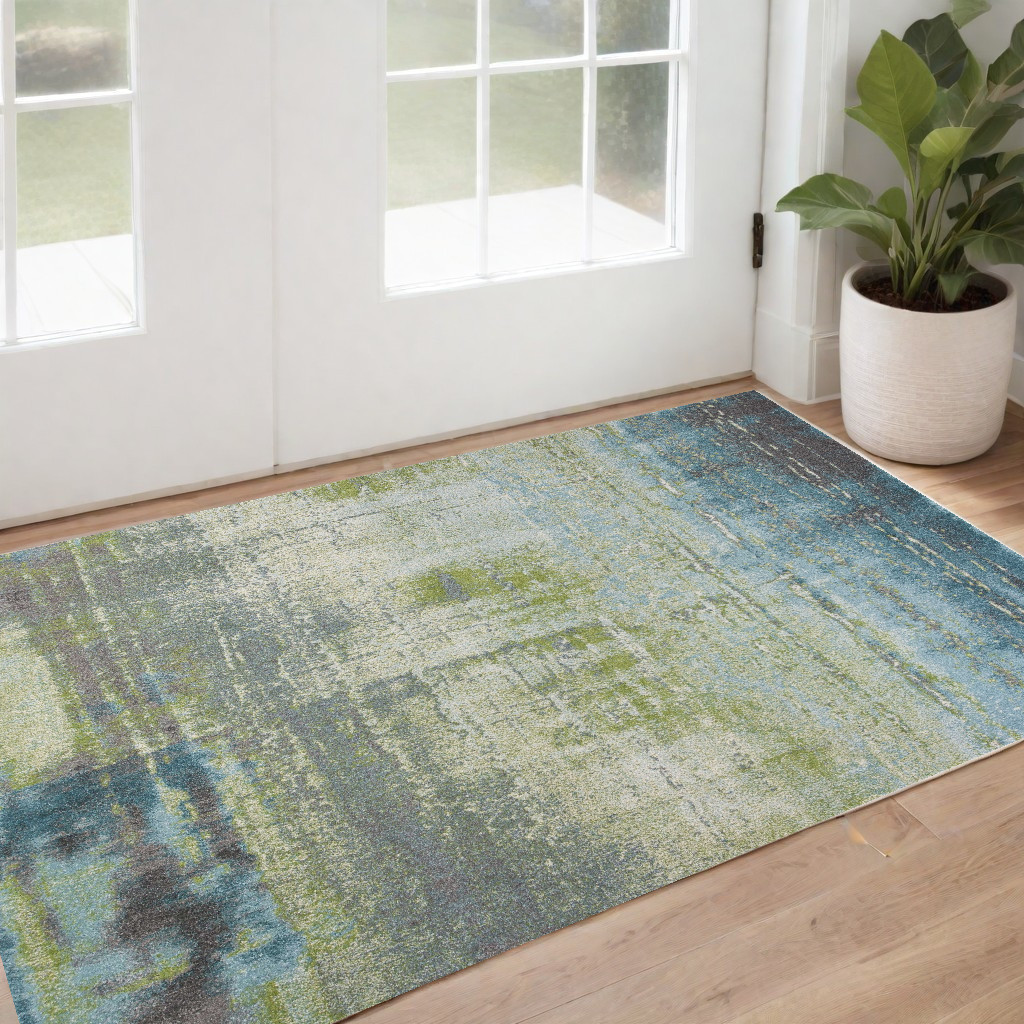 3' X 5' Blue and Green Abstract Brushstrokes Area Rug-353633-1