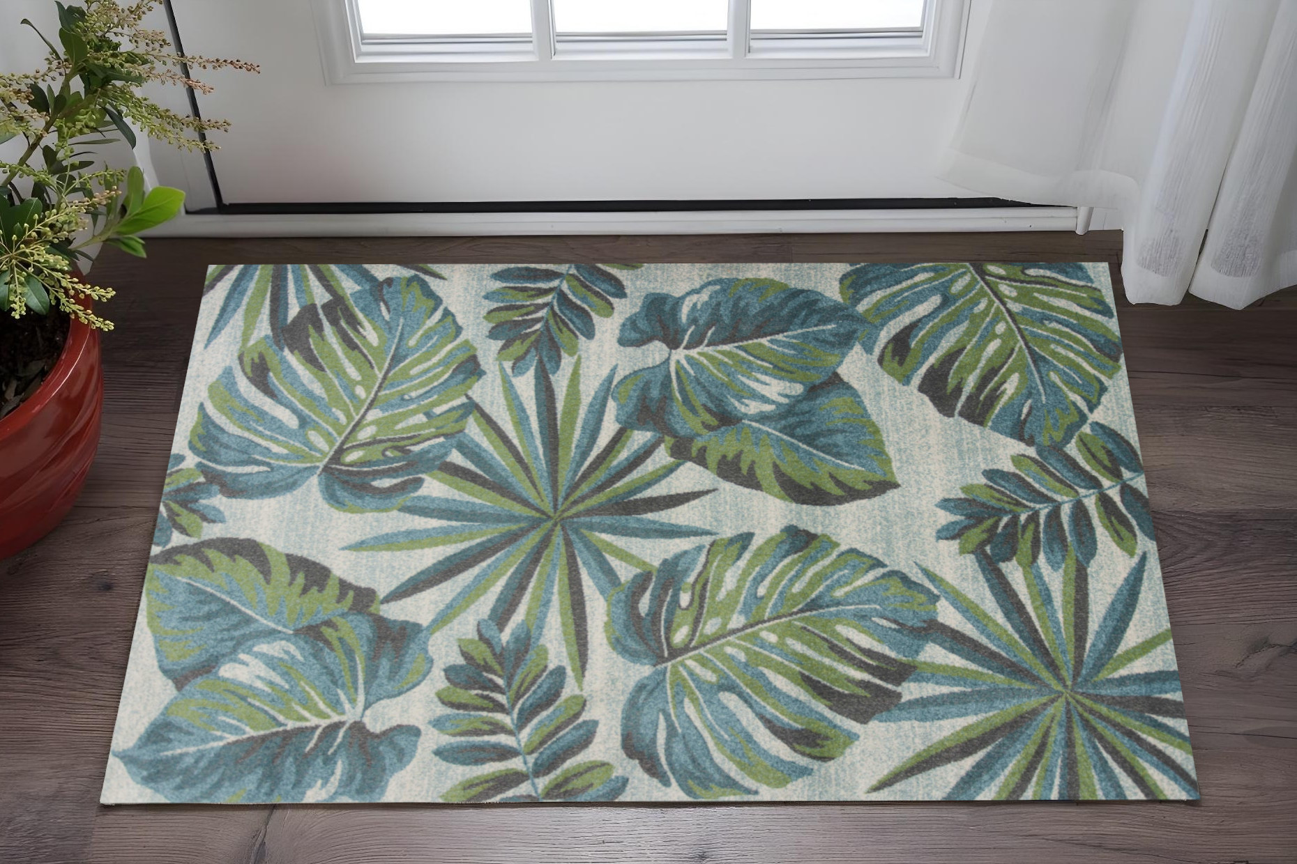 3' X 5' Teal and Ivory Tropical Floral Area Rug-353641-1