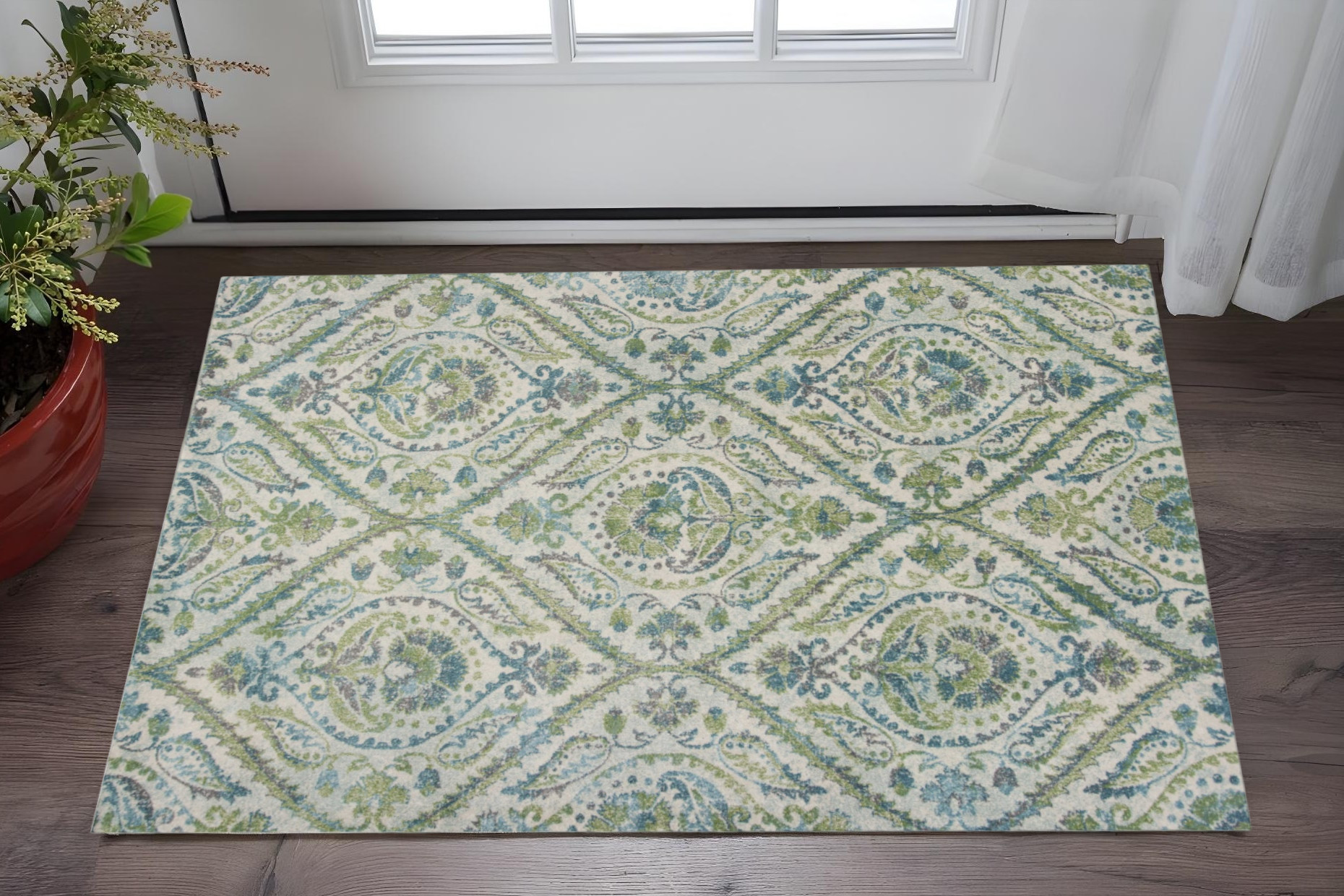 3' X 5' Green And Ivory Ogee Area Rug-353643-1