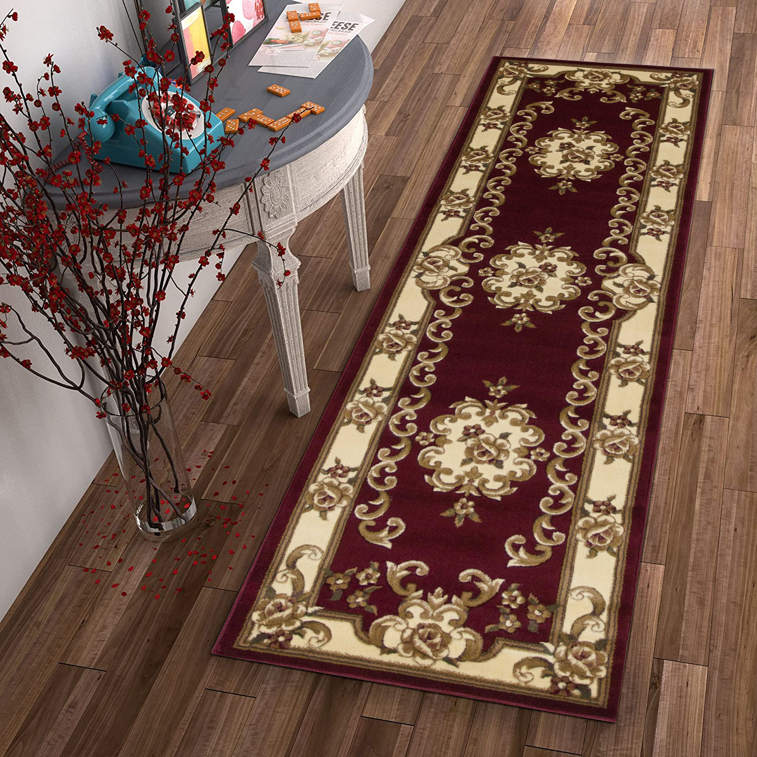 8" Red and Ivory Floral Border Runner Rug