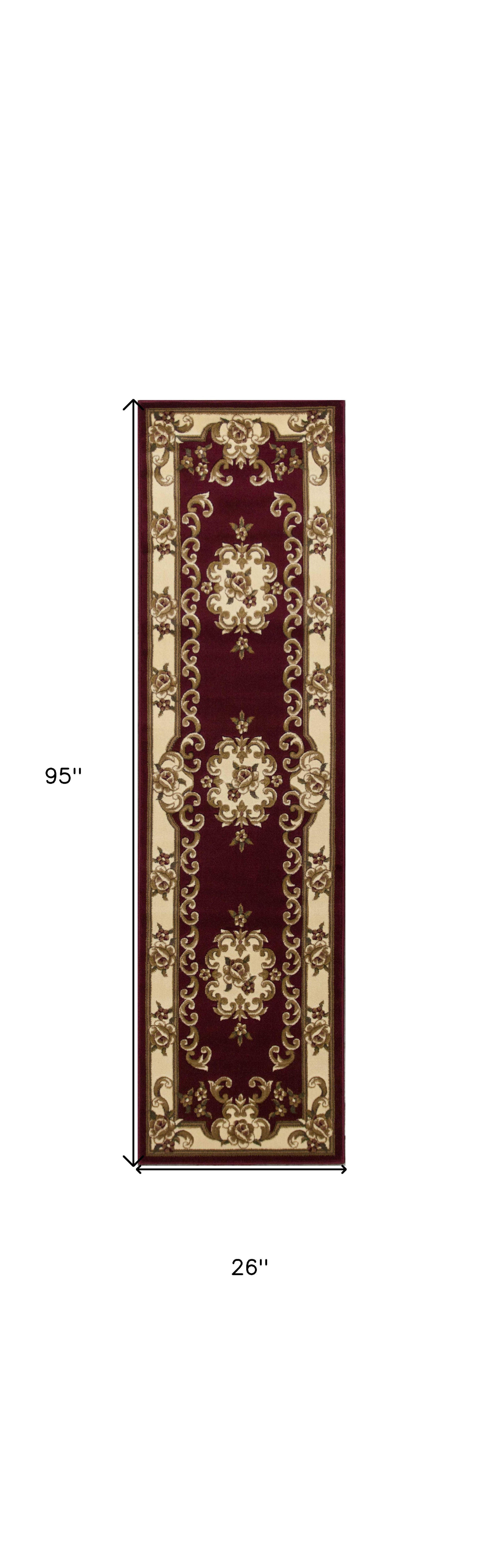 8" Red and Ivory Floral Border Runner Rug