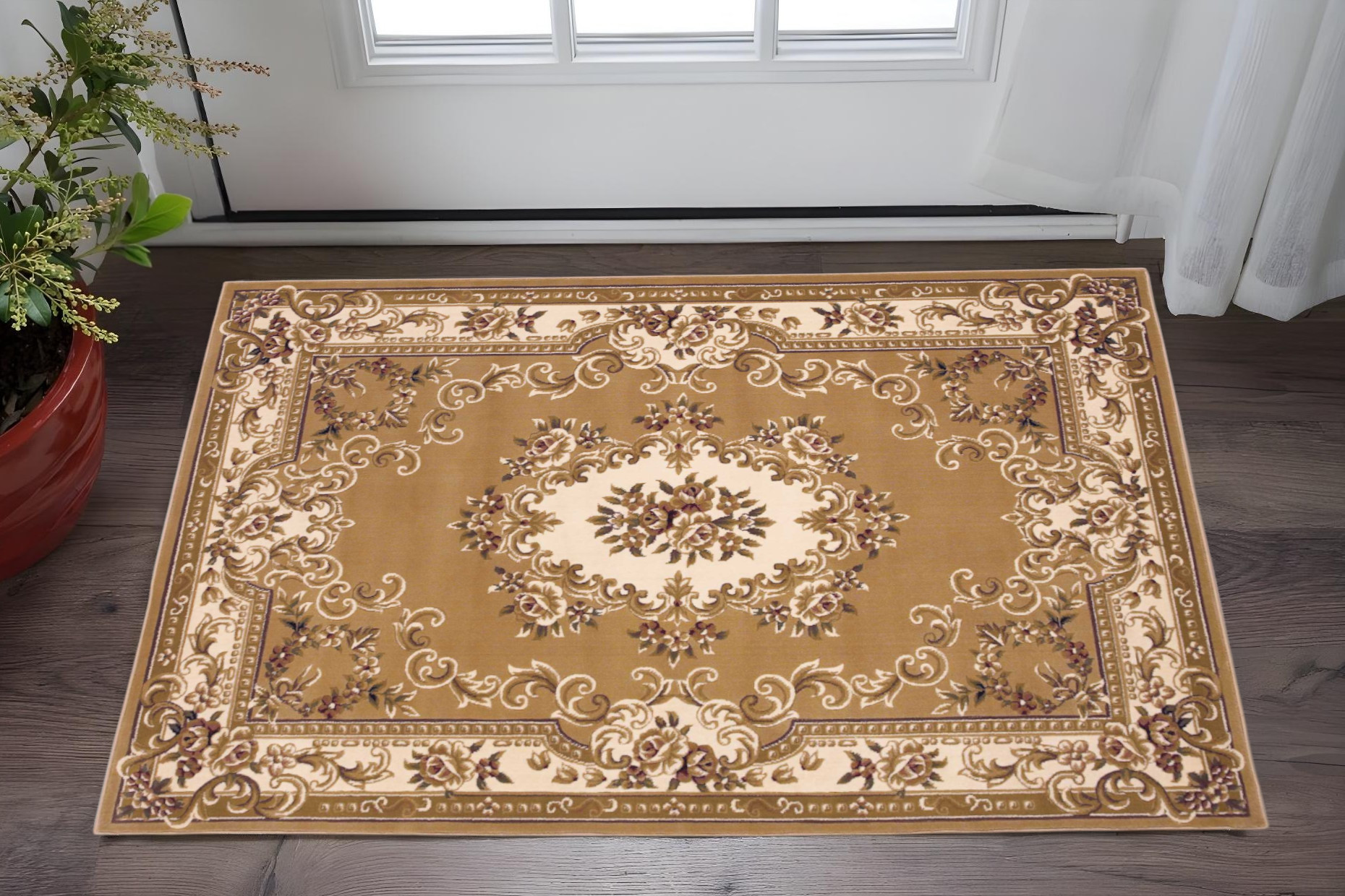 3' X 5' Beige And Ivory Floral Medallion Area Rug-353670-1