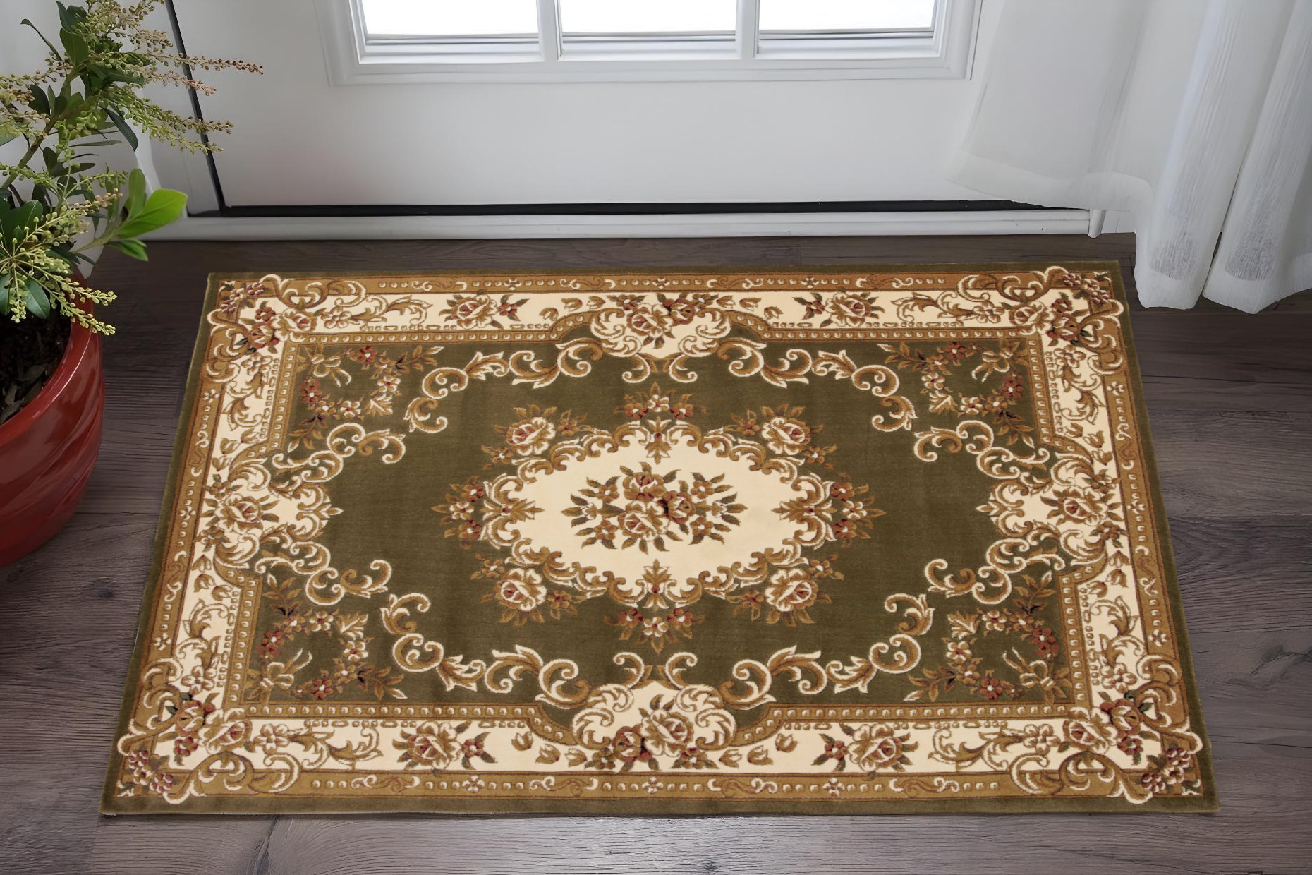 3' X 5' Green And Ivory Floral Medallion Area Rug-353676-1