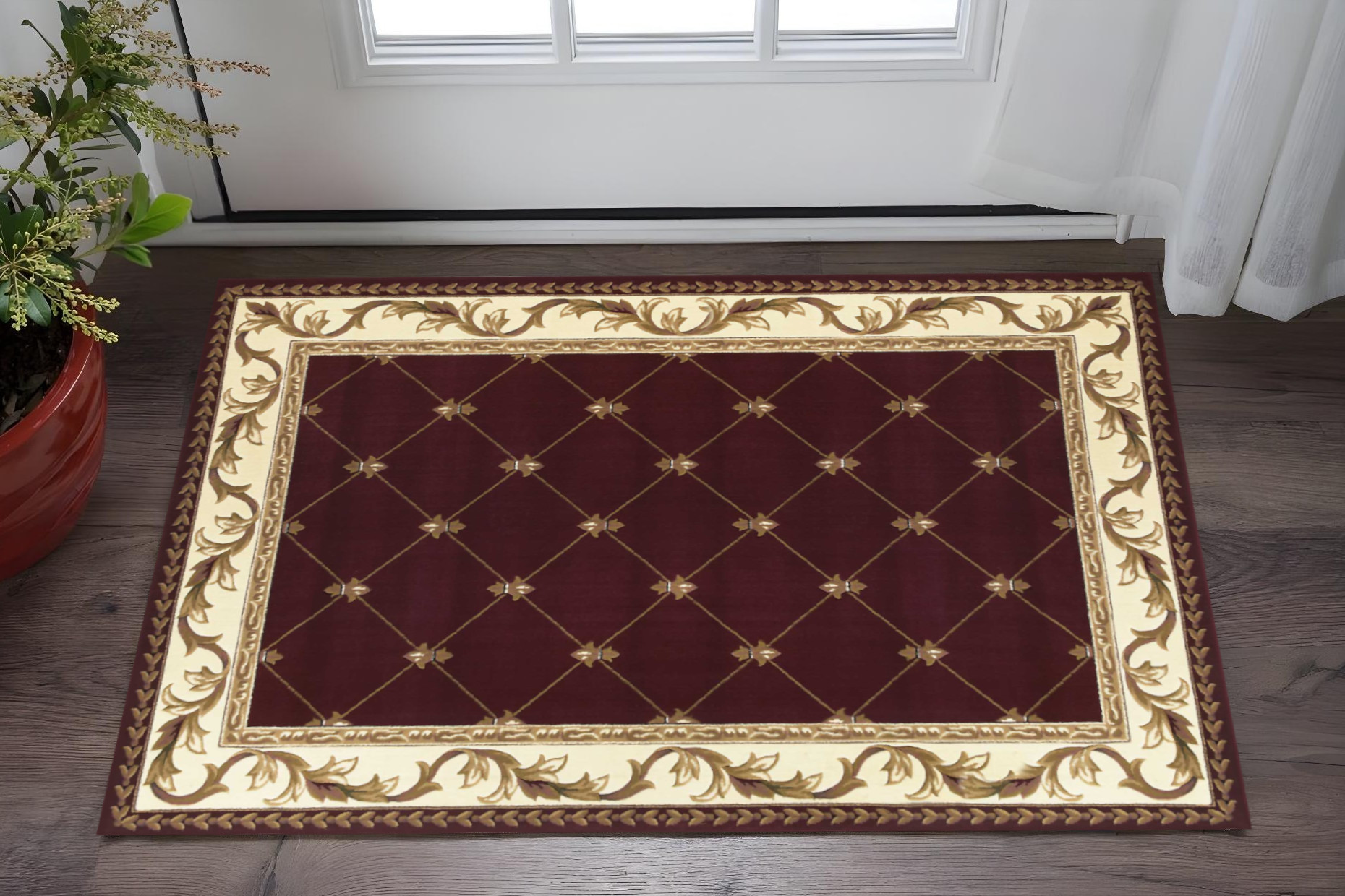 3' X 5' Red And Ivory Floral Vines Area Rug-353686-1