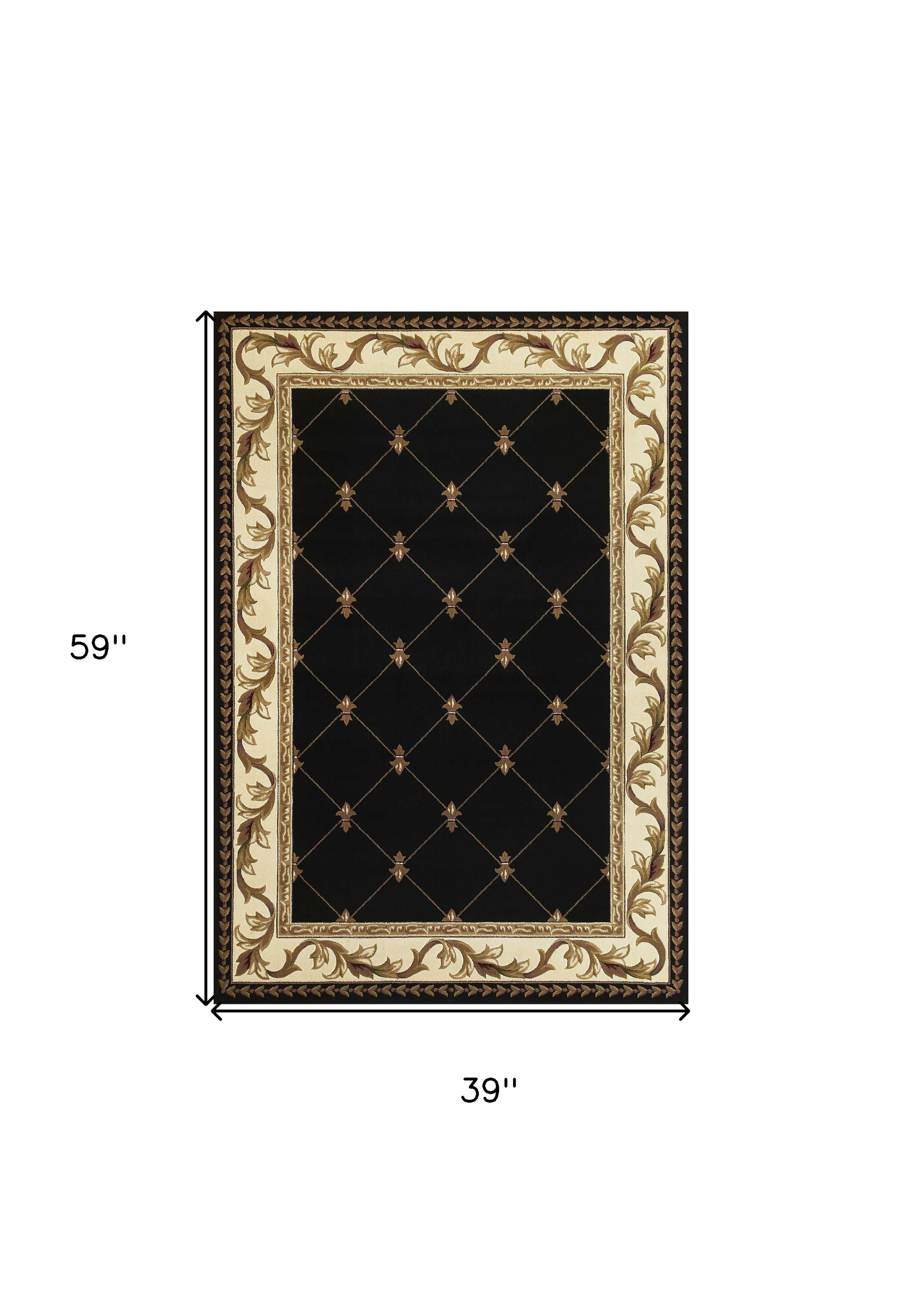 3" X 5" Black Machine Woven Hand Carved Fleur De Lis Indoor Area Rug