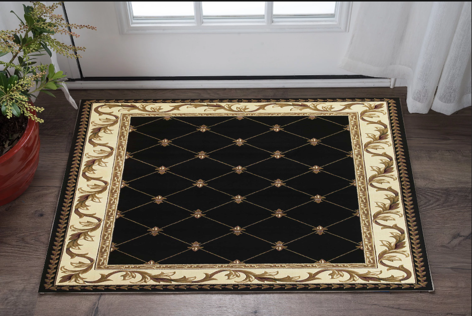 3" X 5" Black Machine Woven Hand Carved Fleur De Lis Indoor Area Rug