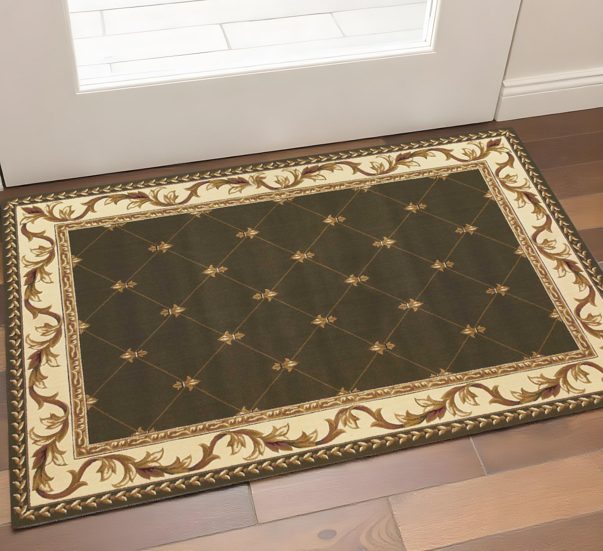 3' X 5' Dark Green And Ivory Floral Medallion Area Rug-353694-1