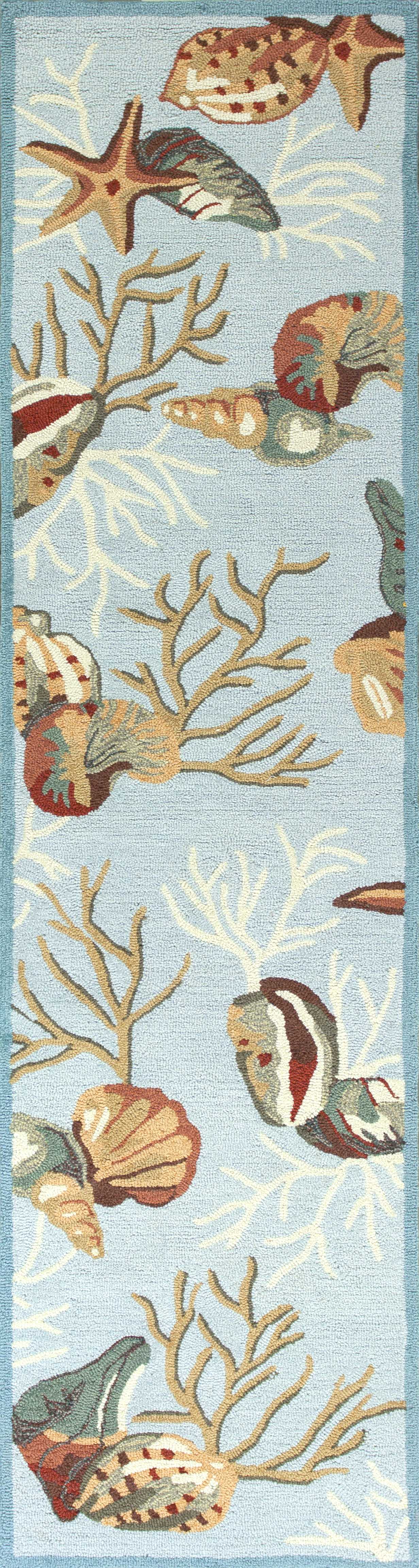 8' Blue Hand Hooked Sea Shells Indoor Runner Rug-353709-1