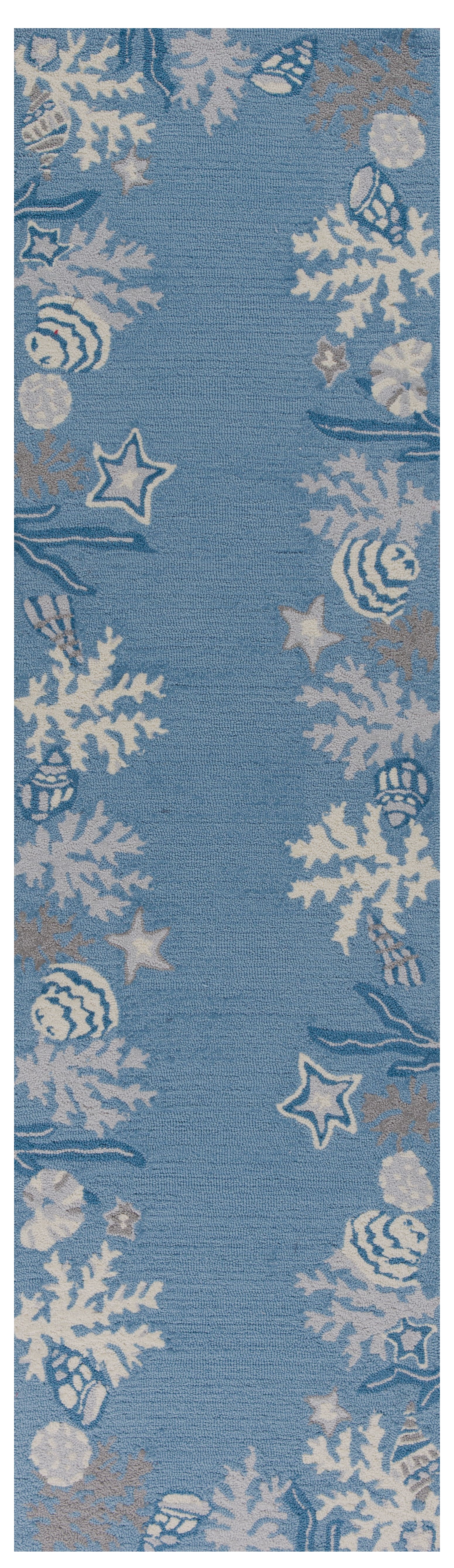 7' Blue and Gray Seashell Hand Hooked Runner Rug-353710-1