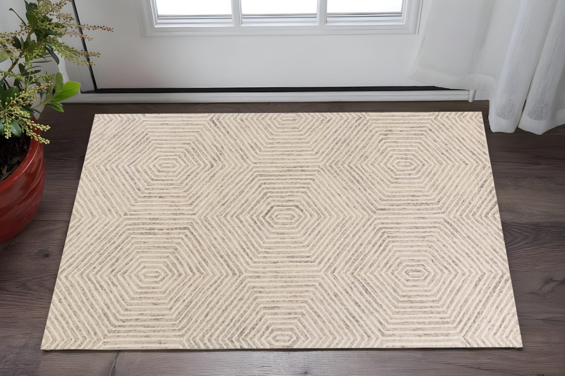 3' X 5' Ivory Geometric Hexagon Wool Area Rug-353797-1