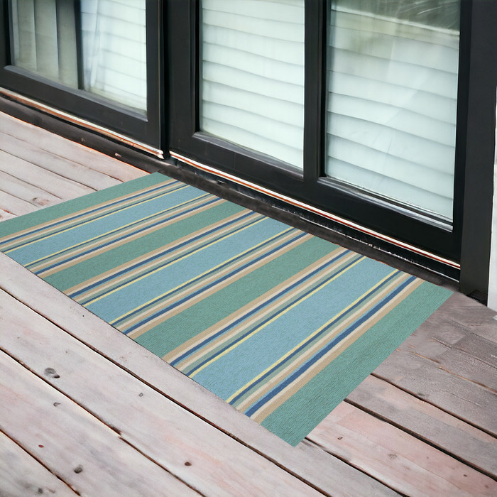 3'X5' Ocean Blue Hand Hooked Uv Treated Awning Stripes Indoor Outdoor Area Rug-353842-1