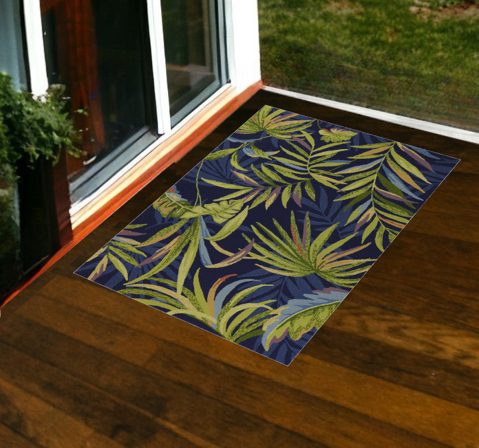 3'X5' Ink Blue Hand Hooked Uv Treated Oversized Tropical Leaves Indoor Outdoor Area Rug-353847-1