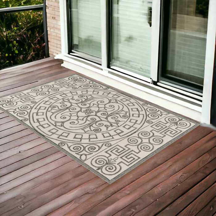 3'X5' Ivory Grey Hand Hooked Uv Treated Greek Key Medallion Indoor Outdoor Area Rug-353849-1