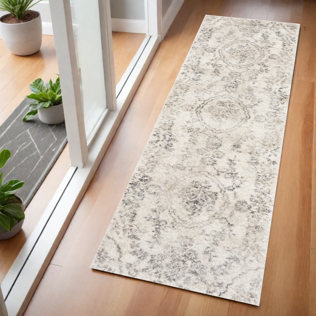 7' Gray Floral Distressed Runner Rug-353864-1