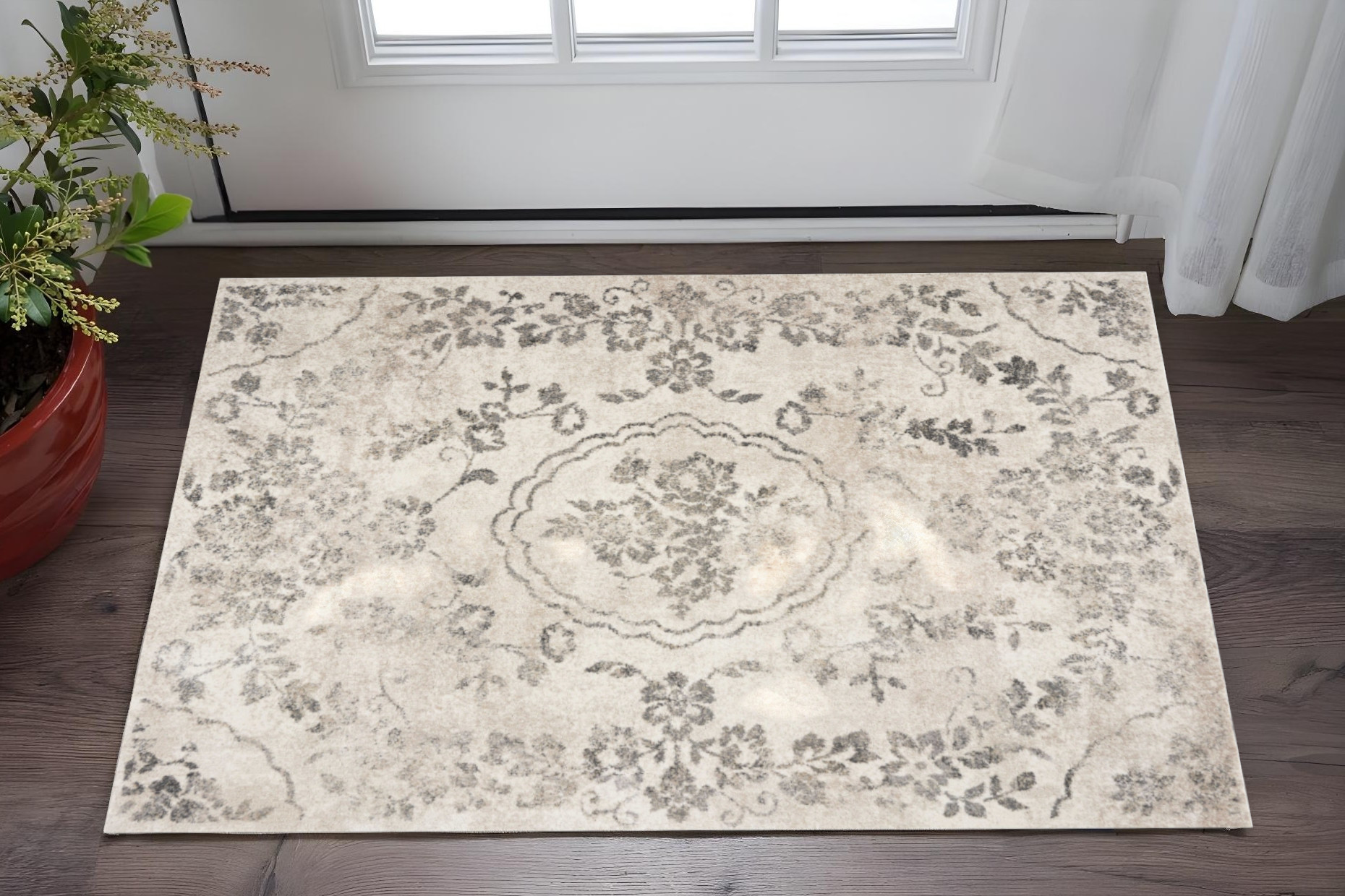 3' X 5' Gray Floral Vines Distressed Area Rug-353865-1