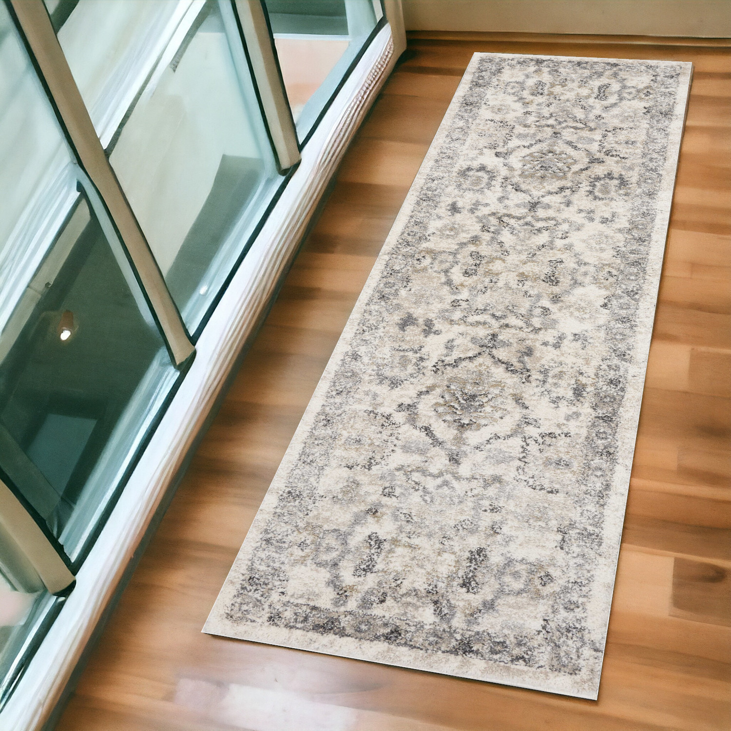 7' Ivory Machine Woven Distressed Floral Traditional Indoor Runner Rug-353868-1