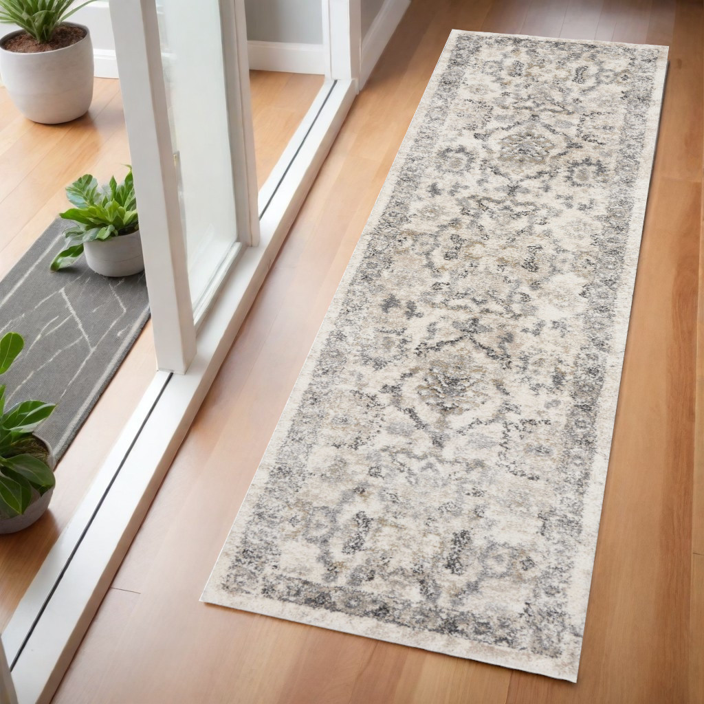 7' Ivory Floral Distressed Runner Rug-353868-1