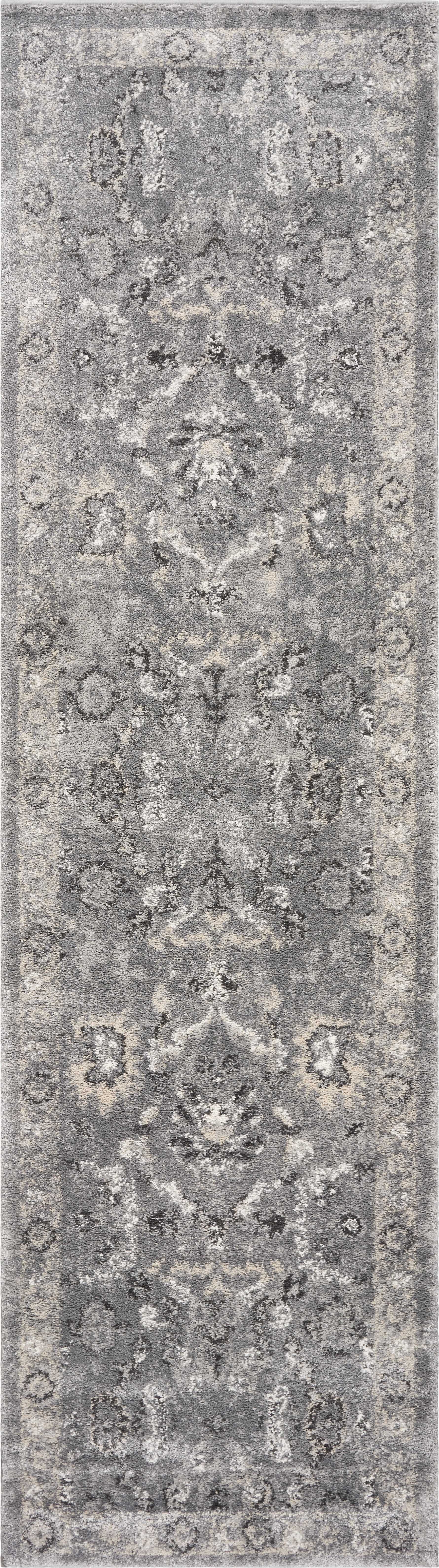 7' Grey Machine Woven Distressed Floral Traditional Indoor Runner Rug-353870-1