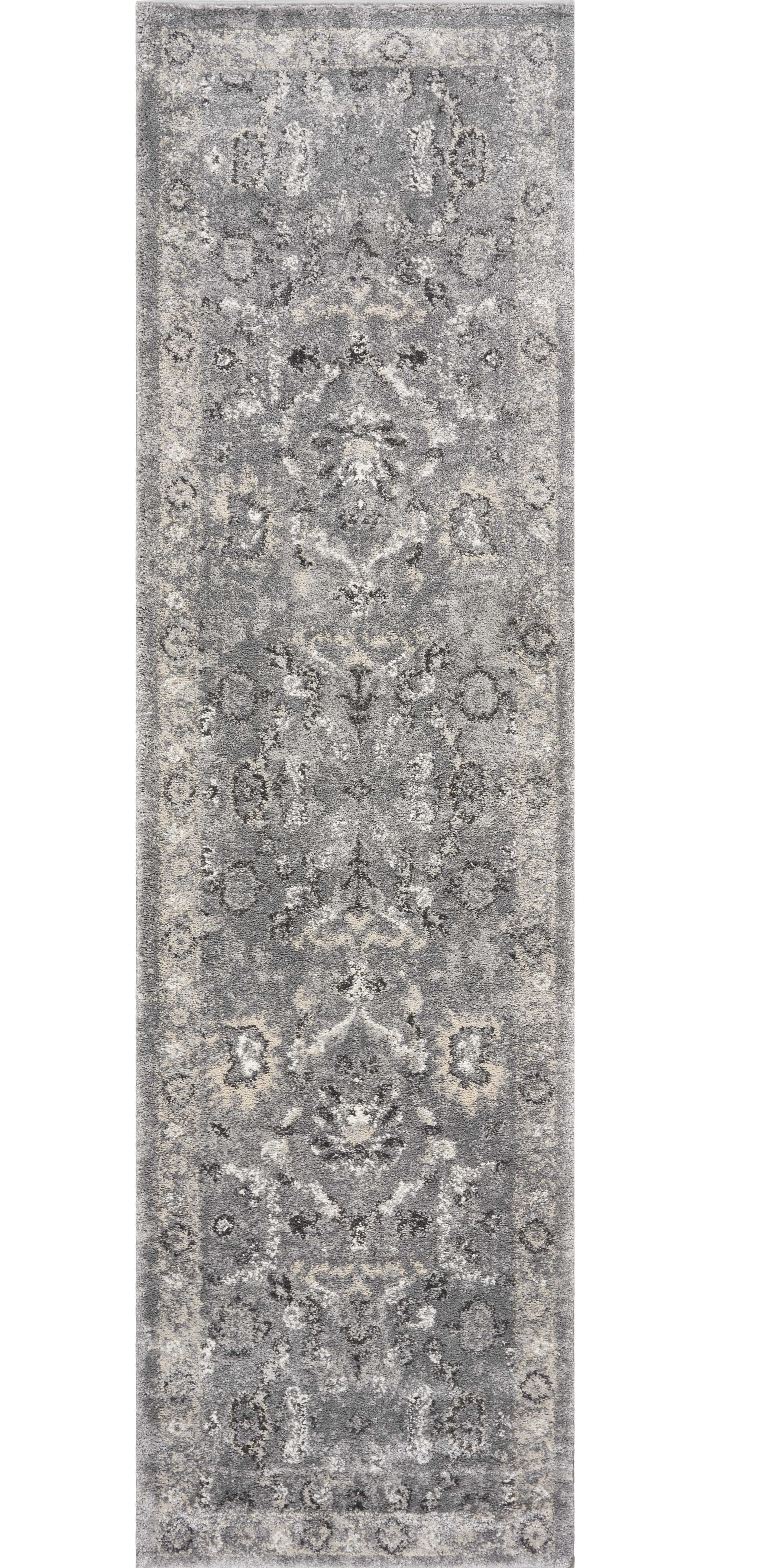 7' Grey Machine Woven Distressed Floral Traditional Indoor Runner Rug-353870-1