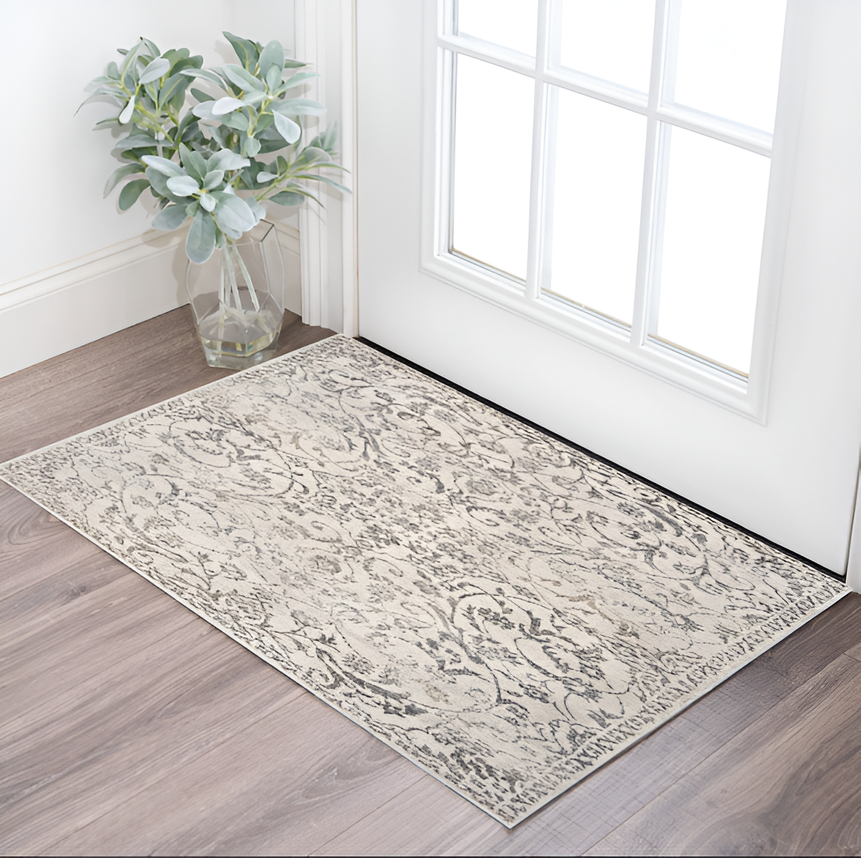 3' X 5' Ivory And Gray Floral Vines Distressed Area Rug-353873-1