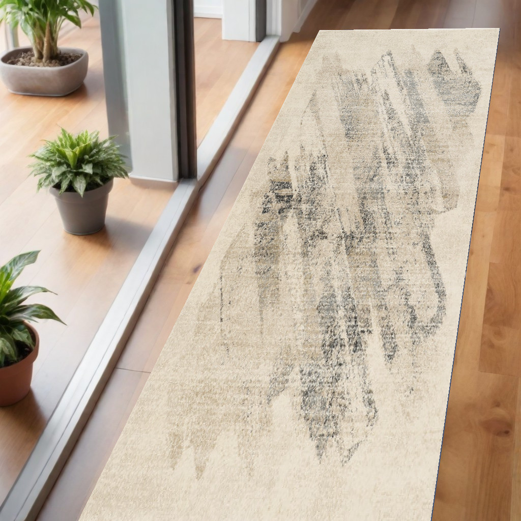 7' Gray and Ivory Abstract Runner Rug-353875-1