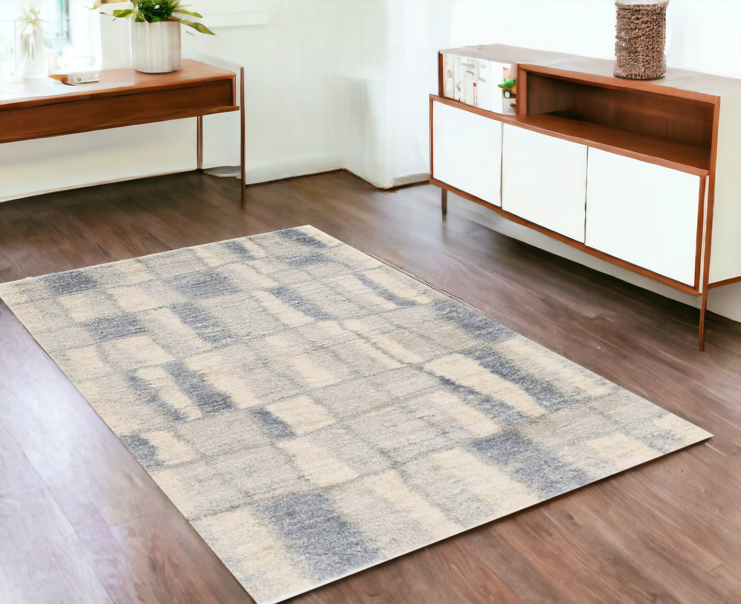 4'X6' Ivory Blue Machine Woven Abstract Blocks Indoor Area Rug-353908-1